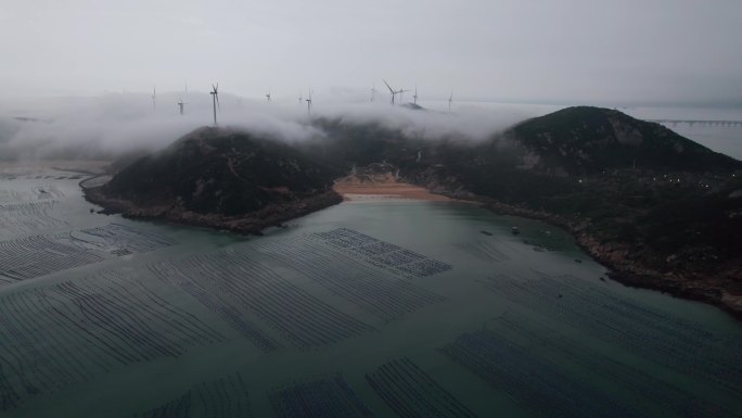 福建平潭海岛平流雾风光航拍空镜