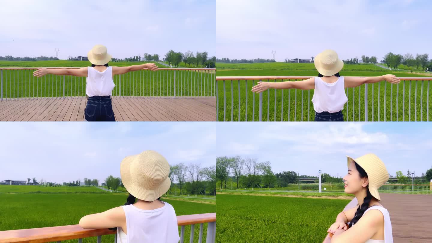女孩观望稻田奔跑视频素材
