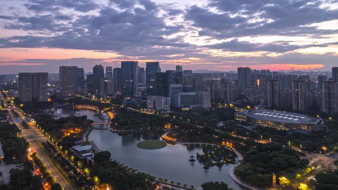 佛山千灯湖朝霞航拍延时