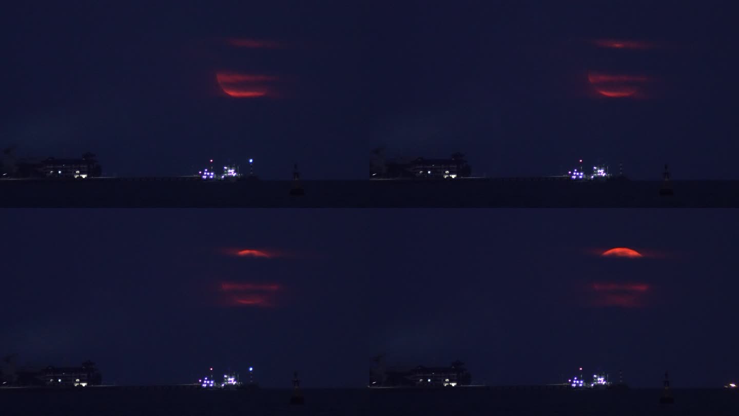 威海湾刘公岛铁码头上空的超级红月亮