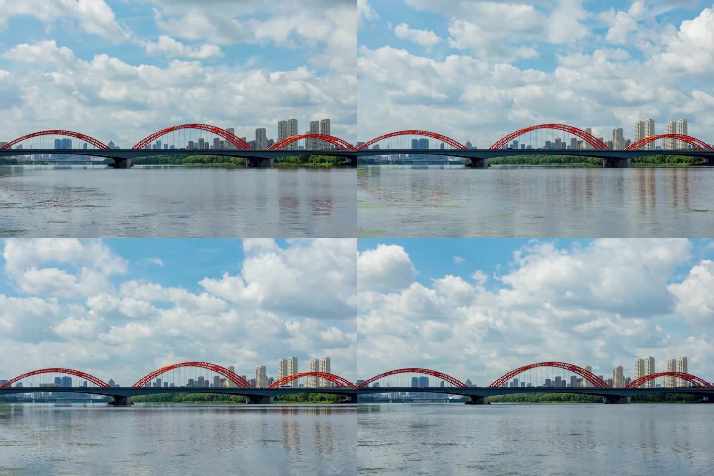 长青桥浑河沈阳蓝天白云城市天际线