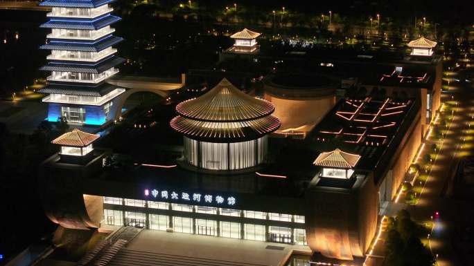 航拍中国扬州大运河博物馆大运塔夜景素材