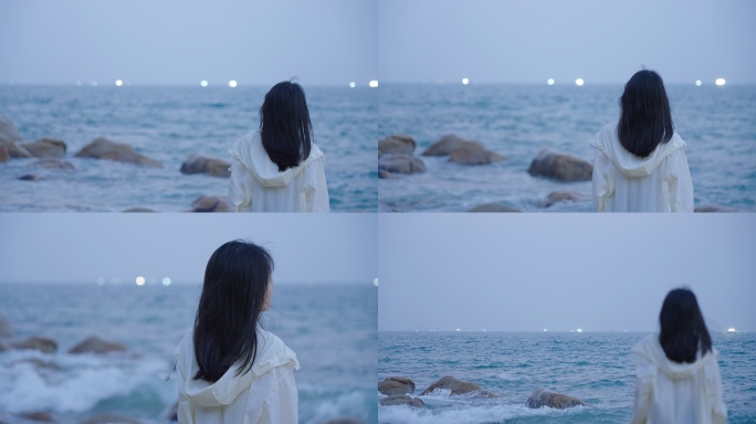 女孩海边看海吹风思考发呆伤感孤独背影