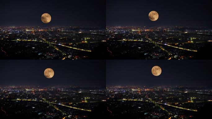 中秋节夜晚城市月亮升起延时城市夜景风光