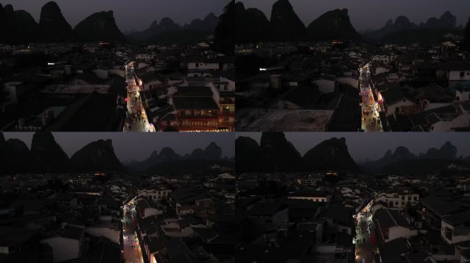 正上方角度拍摄夜幕下的桂林阳朔西街