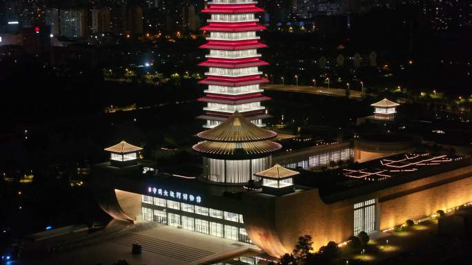航拍中国扬州大运河博物馆大运塔夜景素材