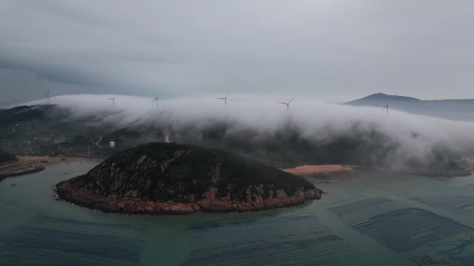 福建平潭海岛平流雾风光航拍空镜