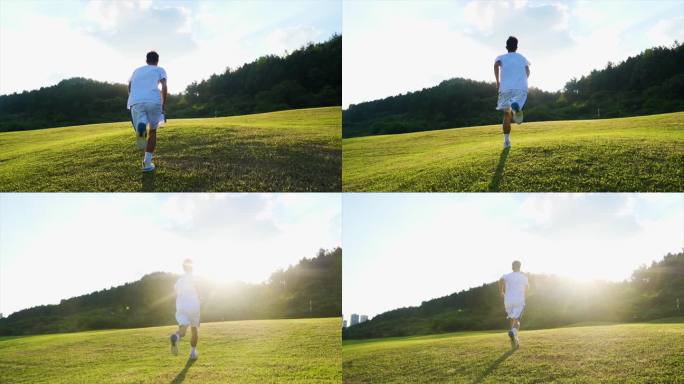 阳光少年逆光奔跑追逐梦想向往自由草地跑步