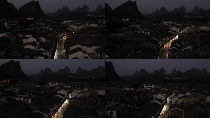 正上方角度拍摄夜幕下的桂林阳朔西街