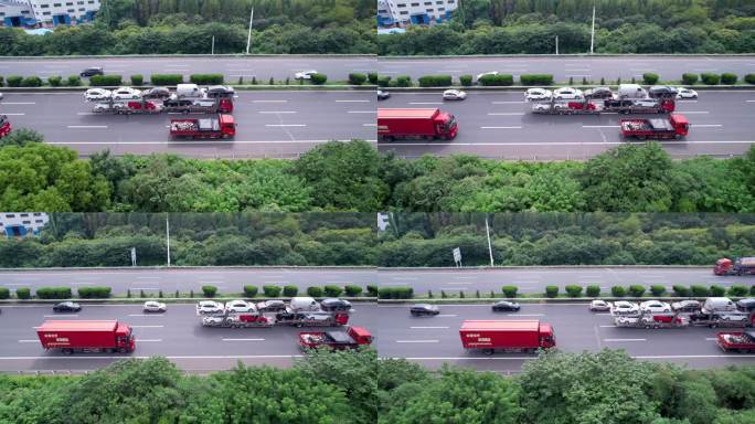 【4K】红色箱货车行驶在高速侧面航拍