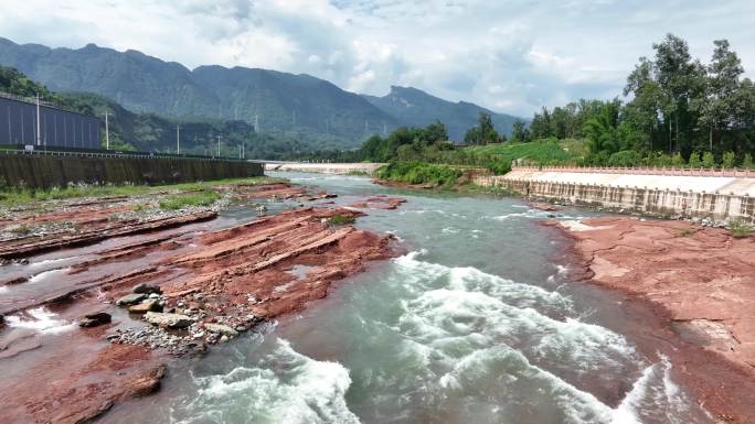 芦山自然生态河流河水航拍视频素材