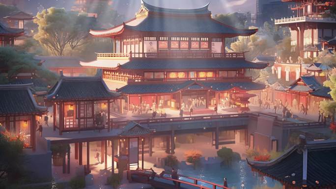 古代夜色中华国风皇城市场繁华舞台大屏