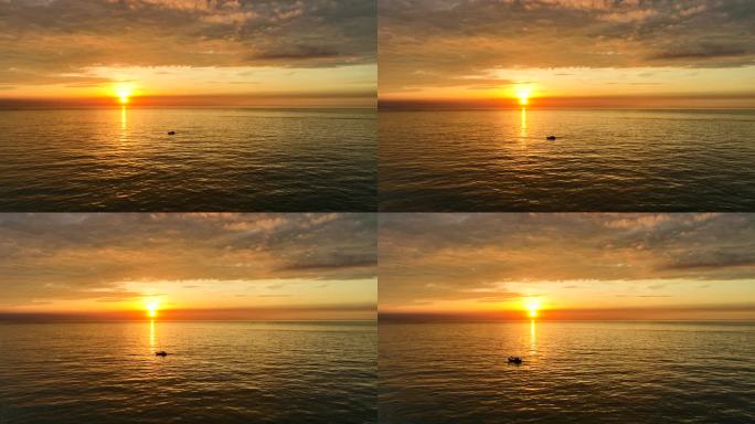 海上日出 渔船
