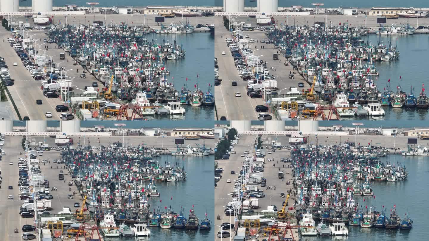 航拍山东威海环翠区远遥渔港开海前的渔船