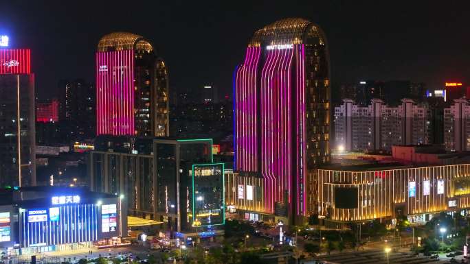 航拍扬州西区明月湖商圈五彩世界夜景素材