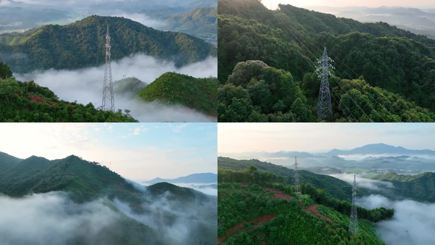 山顶高压电网 电塔云雾