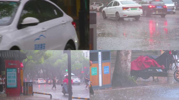 城市下暴雨下雨天雨季汽车人流街道街头车辆