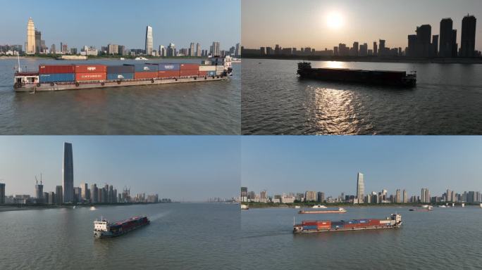 武汉长江上的集装箱货轮轮船航拍