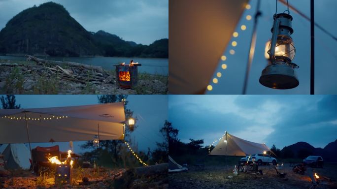 夜晚户外露营帐篷和灯具