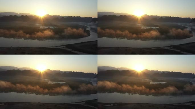 清晨 桂林漓江河滩上的乌桕树和水面上的雾