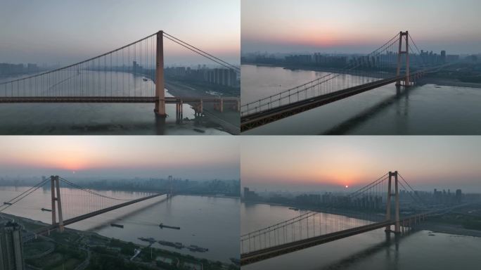 武汉杨泗港长江大桥日出航拍全套镜头