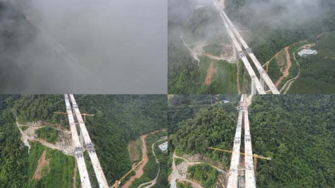 穿过云层拍摄建设中高速路大桥