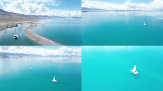 新疆赛里木湖平静湖面帆船航拍