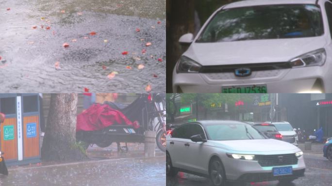 城市下暴雨下雨天雨季汽车人流街道街头车辆