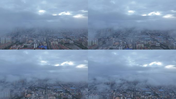 迷雾中的瑞丽市航拍画面