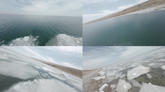 青海湖冰块冰面穿越机航拍开春破冰4K