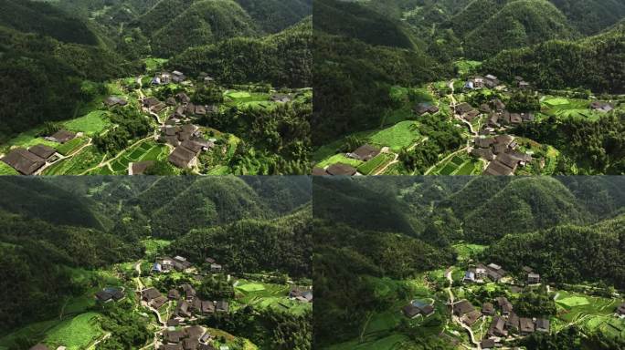 正上方视角航拍桂林山区的梯田和村庄