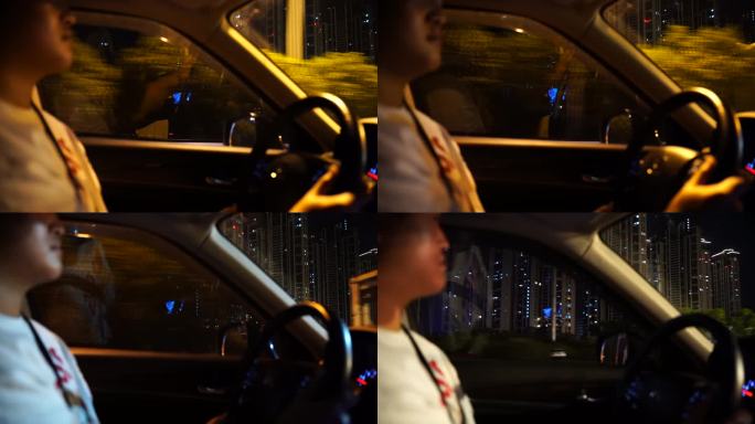 驾驶室司机夜间开车行驶驾驶汽车方向盘开车