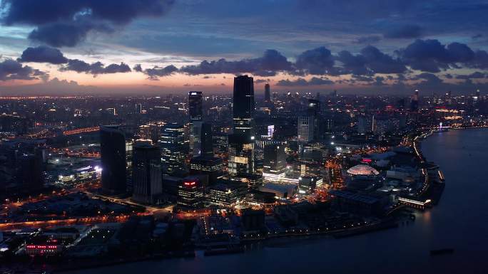 航拍上海滨江两岸城市CBD建筑群夜景