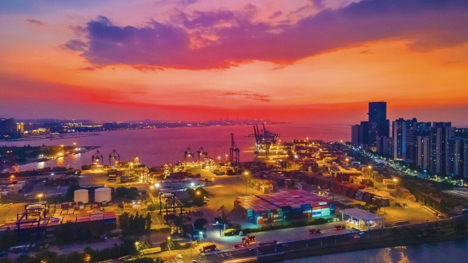 海口港集装箱码头夜景延时