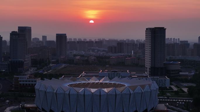 航拍乌兰察布日出城市地标