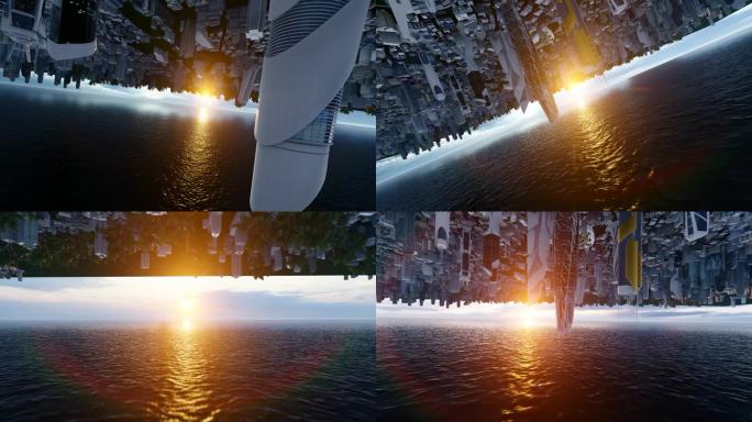 4K抽象城市未来城市海面倒立镜像