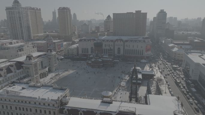 冬季4K航拍哈尔滨索菲亚大教堂原素材