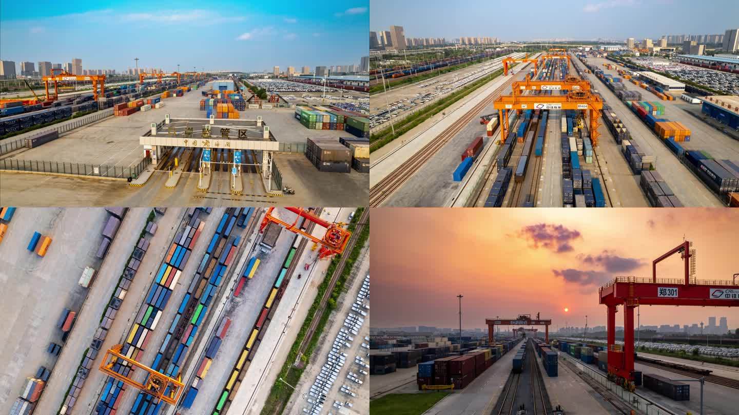 郑州铁路口岸中欧班列货物吊装航拍延时摄影