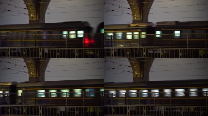 晚上武汉大桥动车高铁行驶夜间火车快速行驶