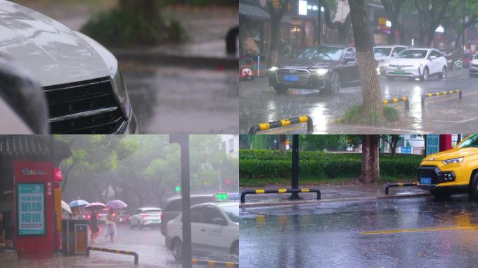 城市下暴雨下雨天雨季汽车人流街道街头车辆