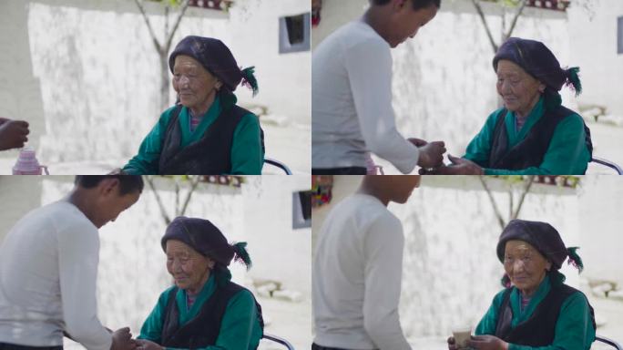 农村 爷孙 隔辈亲  西藏孩子给奶奶端茶