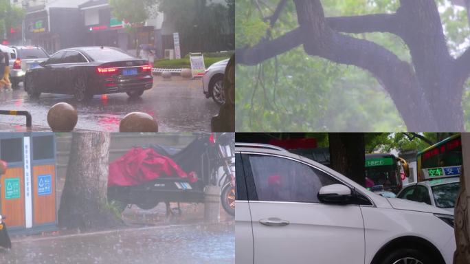 城市下暴雨下雨天雨季汽车人流街道街头车辆