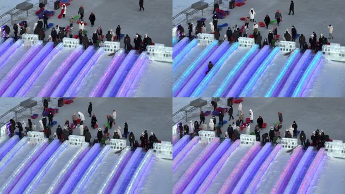 4K航拍实拍冬季冰雪大世界滑滑梯