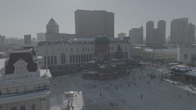 冬季4K航拍哈尔滨索菲亚大教堂原素材