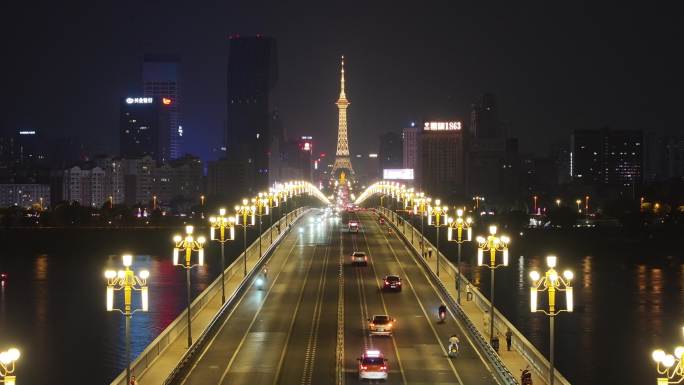 航拍湖南株洲地标夜景素材