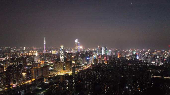 广州天河区科韵路看珠江新城黄昏夜景航拍