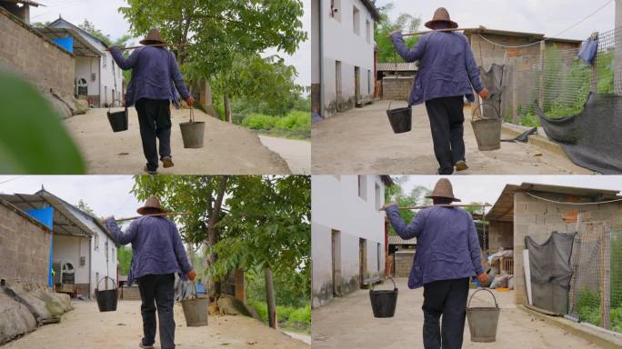农村老人传统取水扁担水桶挑水背影特写