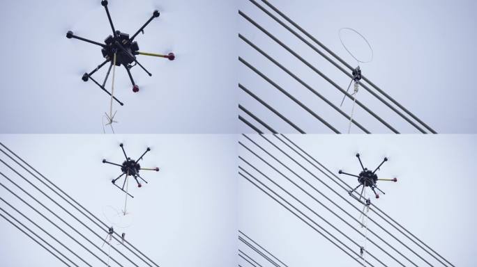 4K电网高压电塔电线无人机吊线作业