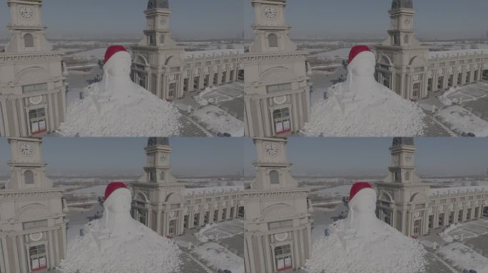 航拍哈尔滨4K雪人素材
