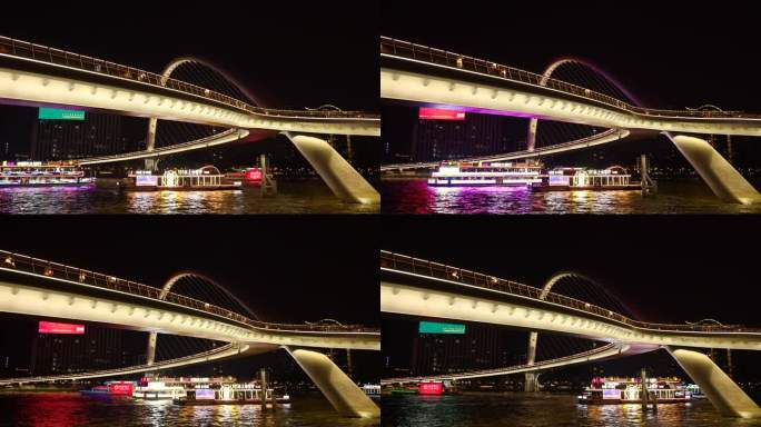 夜晚广州海心桥珠江河畔珠江夜游船
